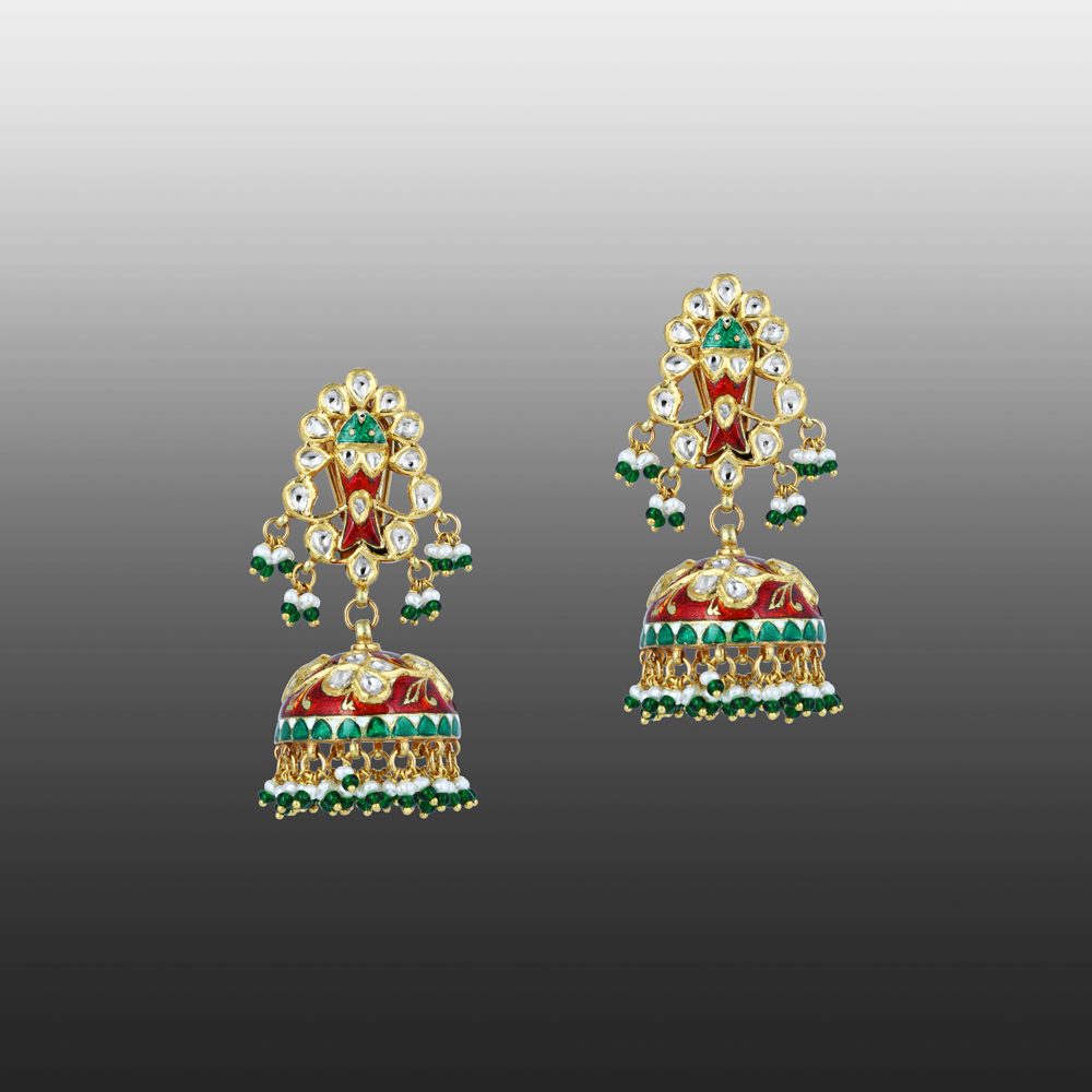 Polki Jhumka Earrings with Red-Green Enamel and Green Beads